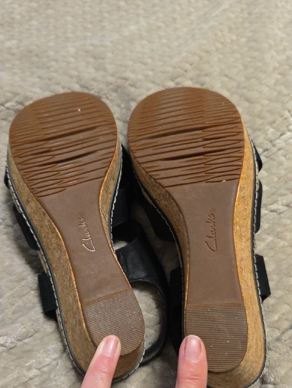 Clarks Black Leather Crisscross Wedge Sandals with Cork-Style Platform - Picture 5 of 5